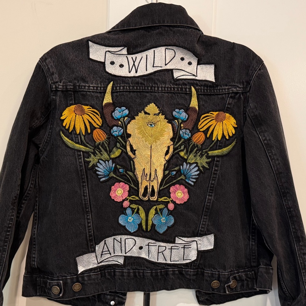 DENIM & BONE Wild and Free Black Denim Jacket Oversized Sz Small Free People - Picture 8 of 16